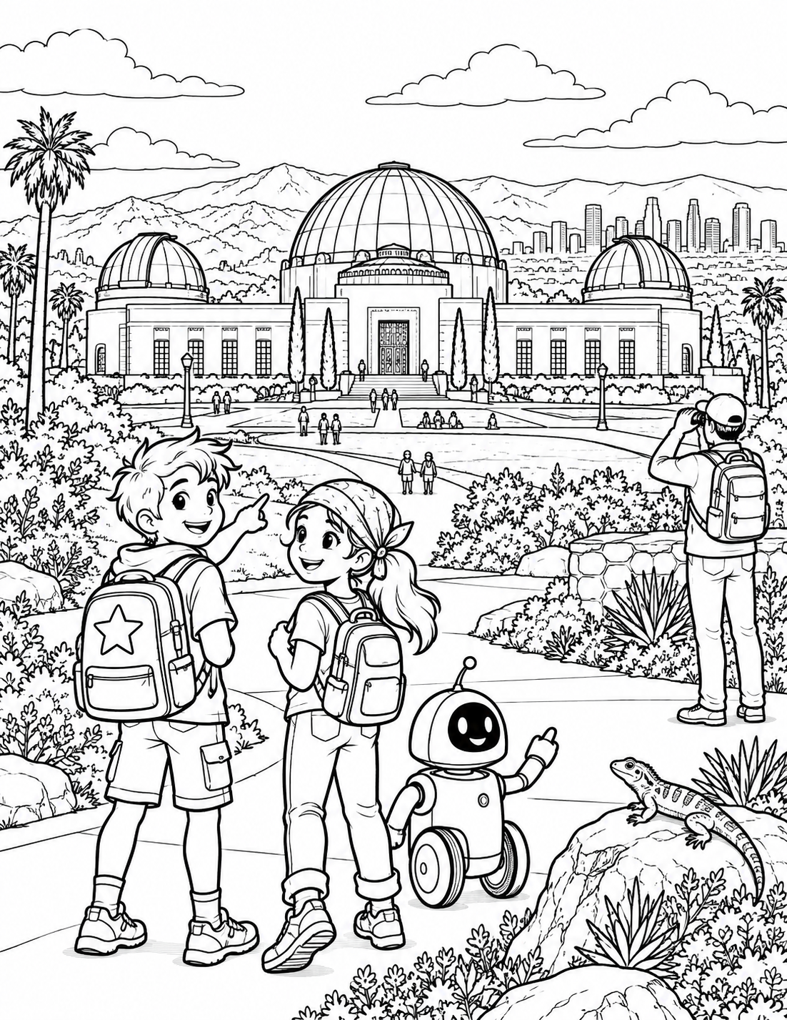Black-line illustration of Griffith Observatory with young explorers and a small wheeled robot.