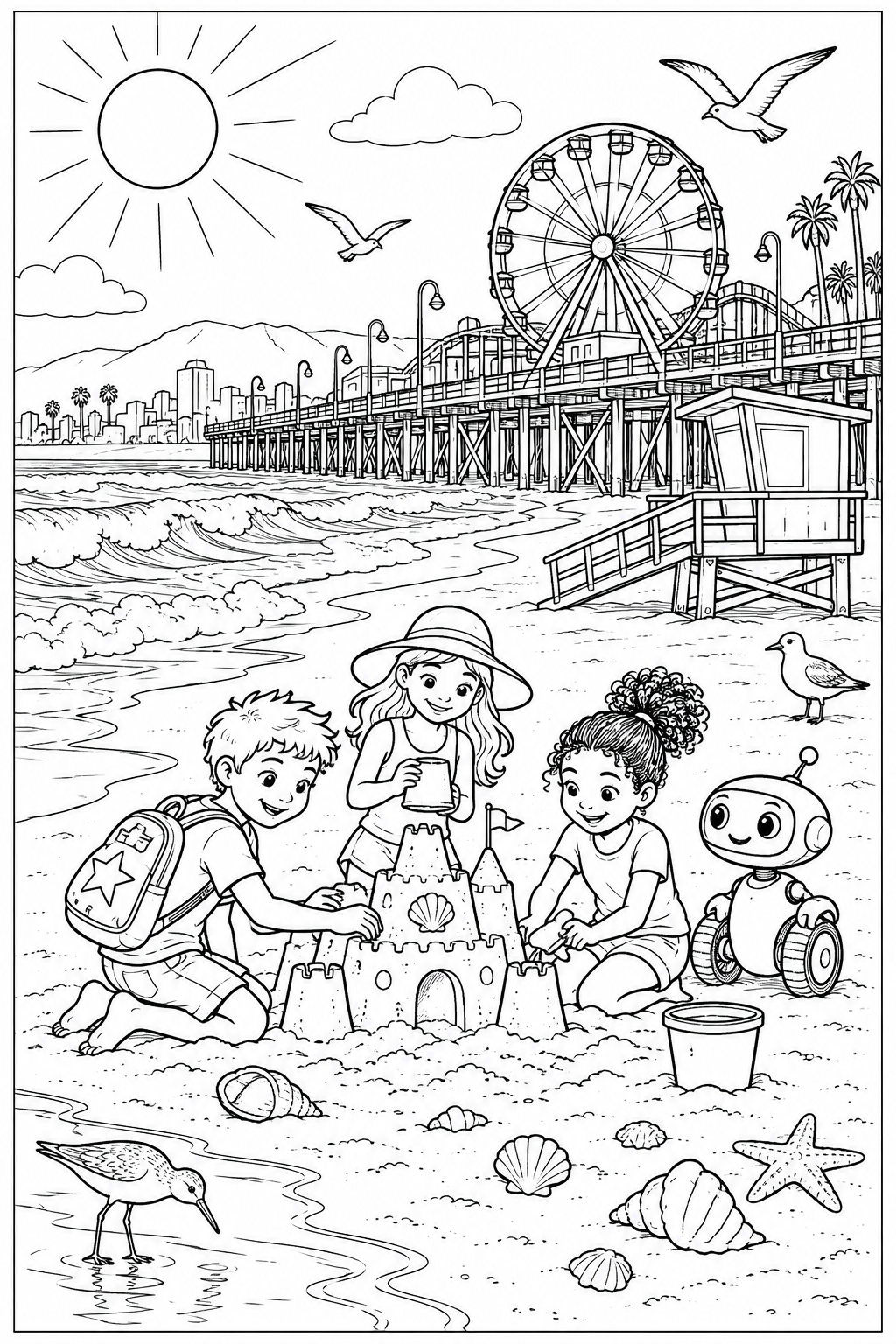 A seaside coloring scene with Santa Monica Pier, visitors and the ocean.